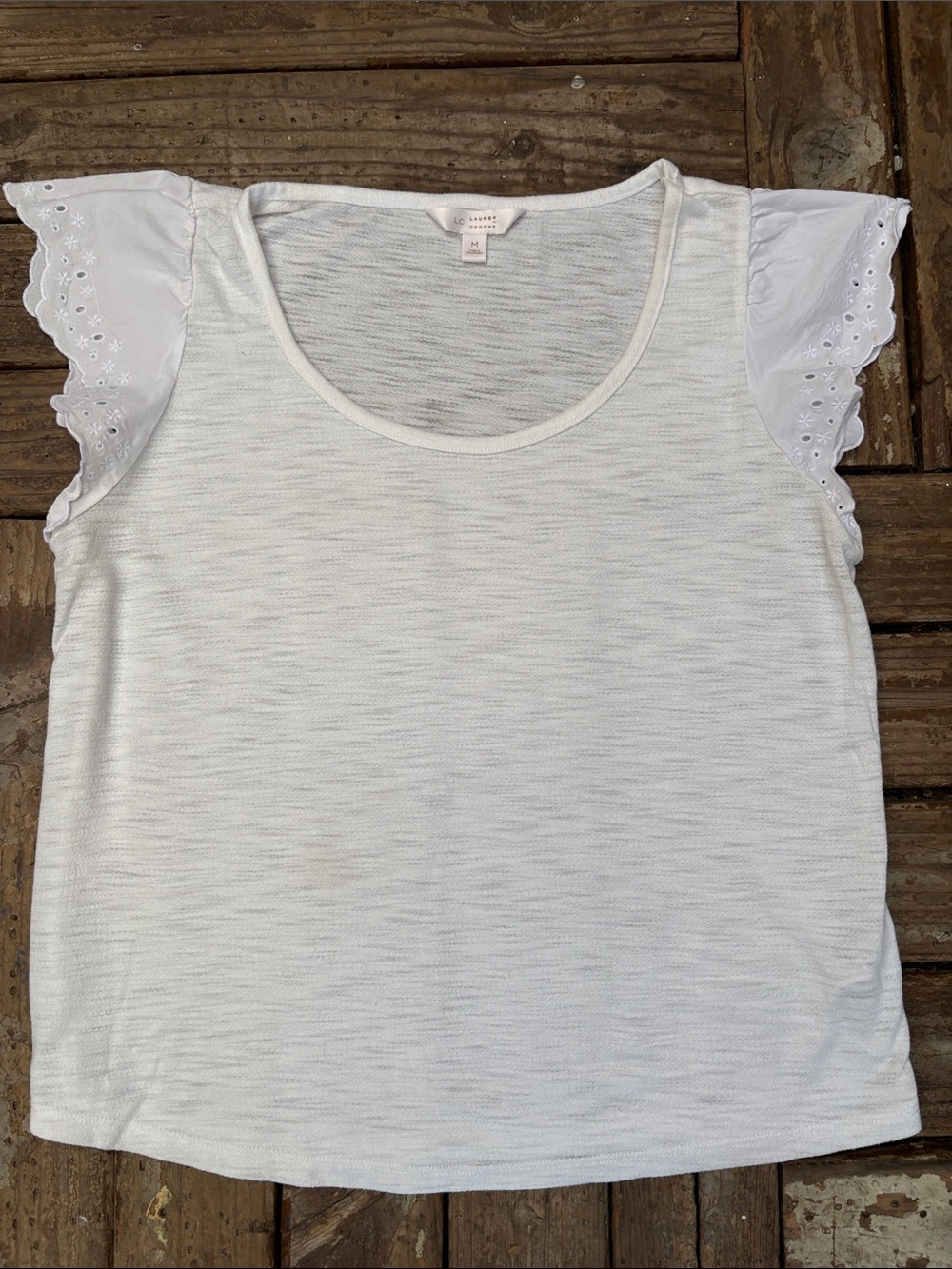 LC Lauren Conrad White Eyelet Flutter Sleeve Tee Top